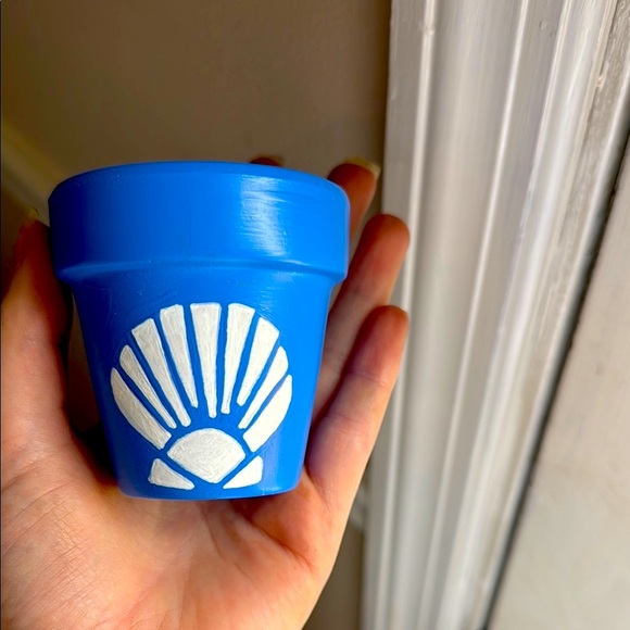 Handpainted Mini 2" Blue Shell Terracotta Clay Plant Pot Cottagecore Plant Decor - Picture 2 of 3